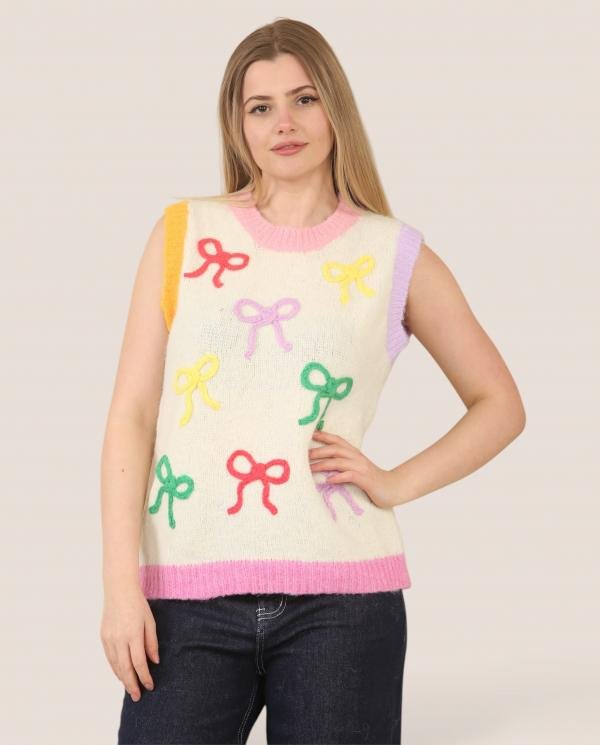 Embroidered Bow Contrast Hem Tank Top (Natural Fibres) - Terminal 1 Clothing