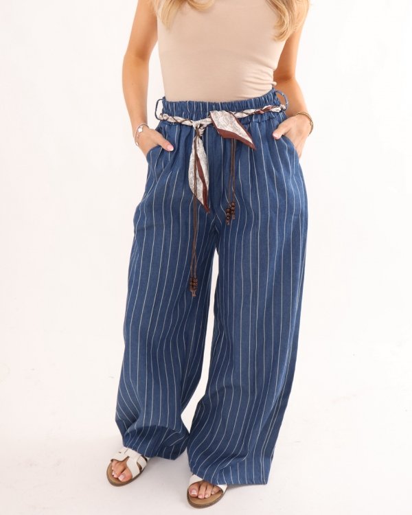Pinstripe Neckerchief Belt Cotton Trousers - Terminal 1 Clothing
