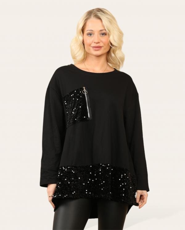Velvet Sequin Pocket Trim T-shirt (Fleece Lined) - Terminal 1 Clothing